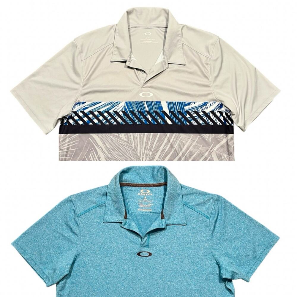 Oakley Hydrolix Gray Palm Floral Blue Golf Polo Shirts Lot of 2 Mens Size Medium
